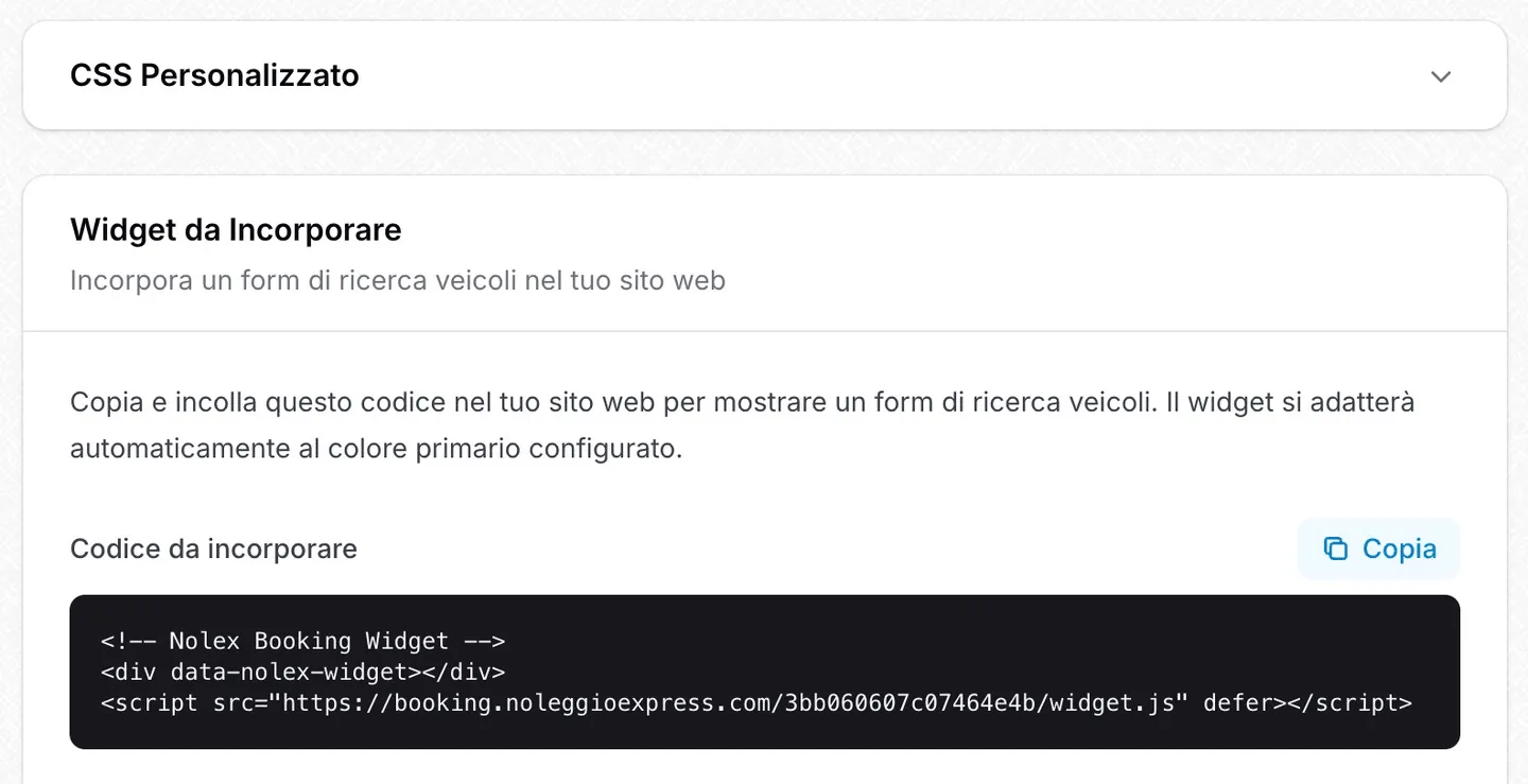 Impostazioni booking: codice del widget da incorporare, tre righe HTML da copiare nel sito con il pulsante «Copia»