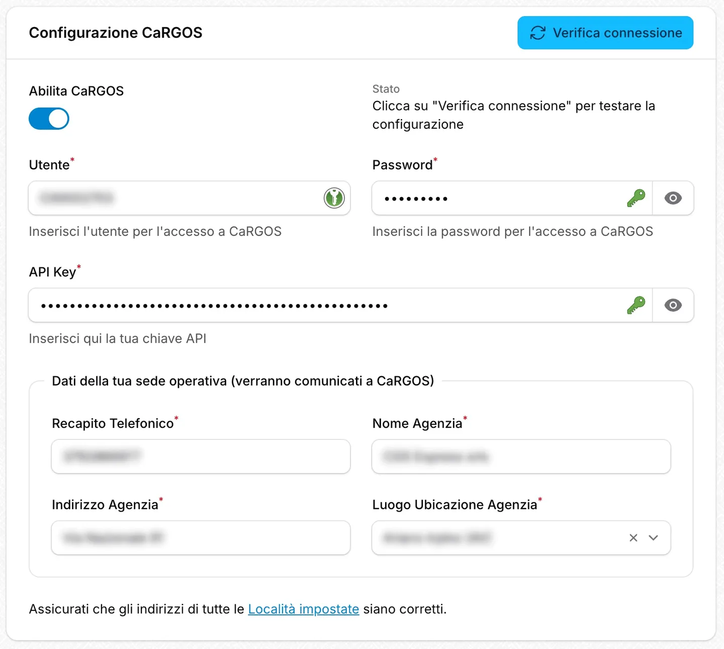Configurazione CaRGOS: utente, password e chiave API con verifica connessione, più i dati della sede operativa comunicati a CaRGOS