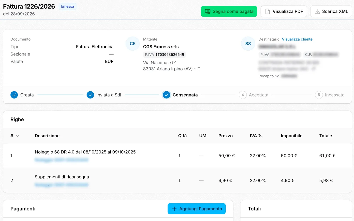 Fattura elettronica creata dal noleggio: mittente, destinatario, righe con IVA e stato SdI (creata, inviata, consegnata)